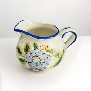 Vintage Hand Painted Pitcher Made In Italy for FTD Blue Flower Vase Farm House